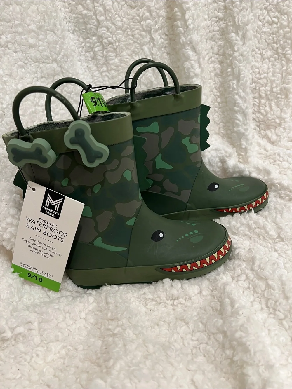 Kids Green Dinosaur Rain & Snow Boots with Easy Pull Handles